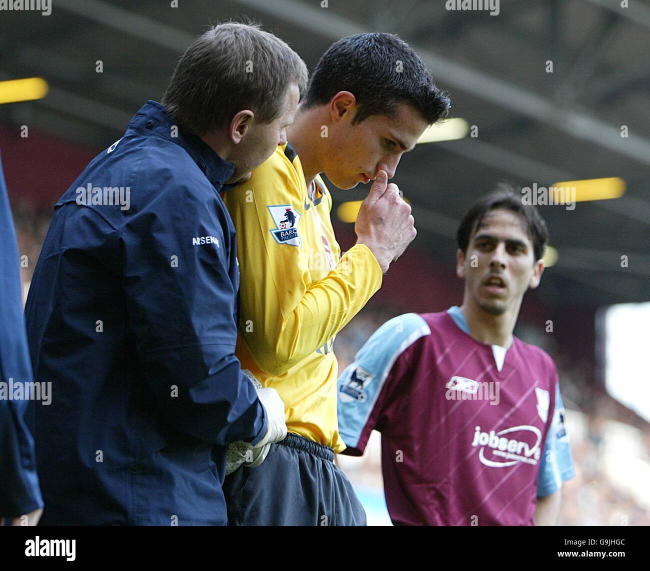 Fußball - FA Barclays Premiership - West Ham United / Arsenal - Upton Park. Robin Van Persie von Arsenal steht verletzt, nachdem sie von einem Objekt aus der Menge getroffen wurde Stockfoto