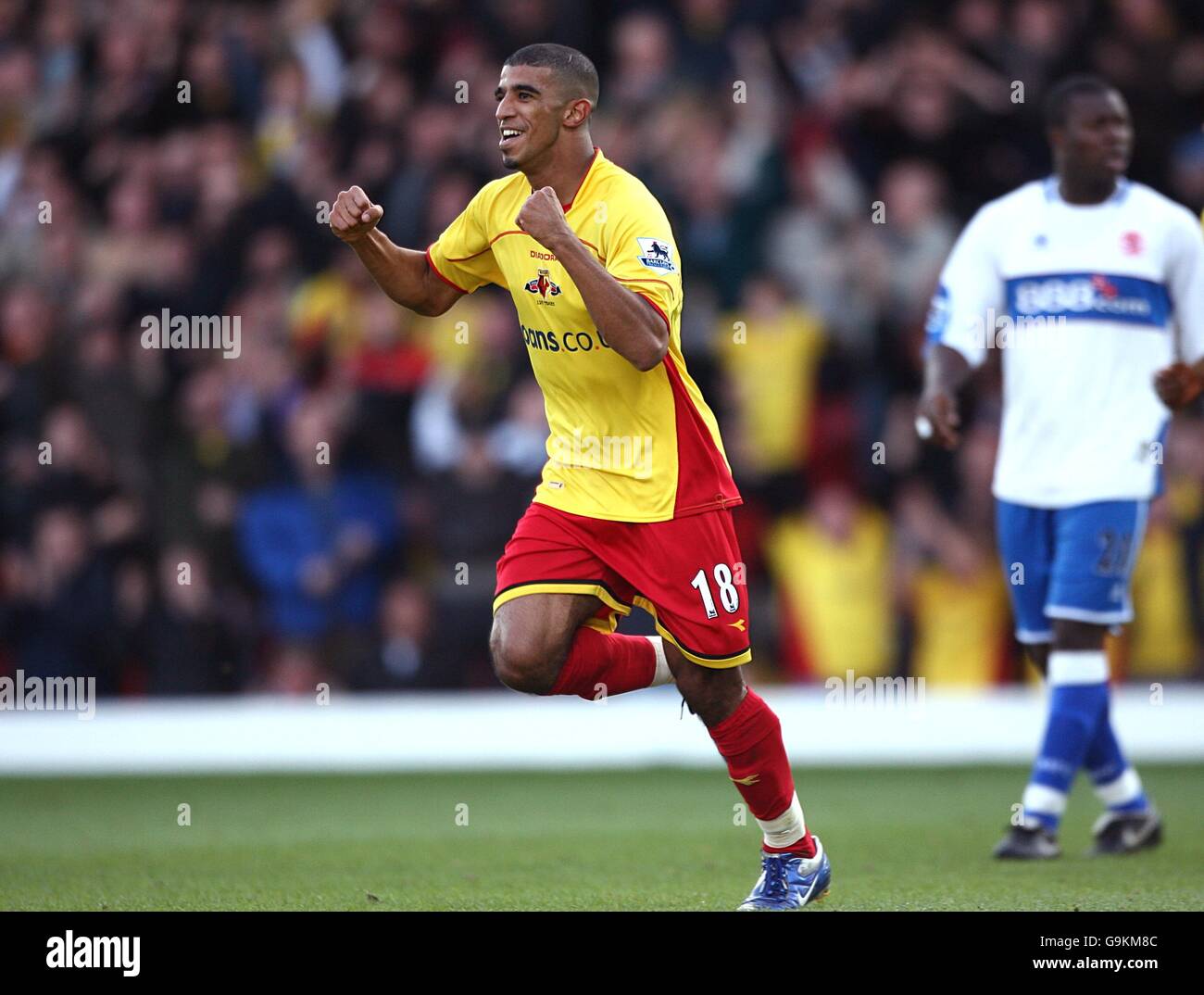 Fußball - FA Barclays Premiership - Watford / Middlesbrough - Vicarage Road. Hameur Bouazza von Watford feiert sein frühes Tor Stockfoto