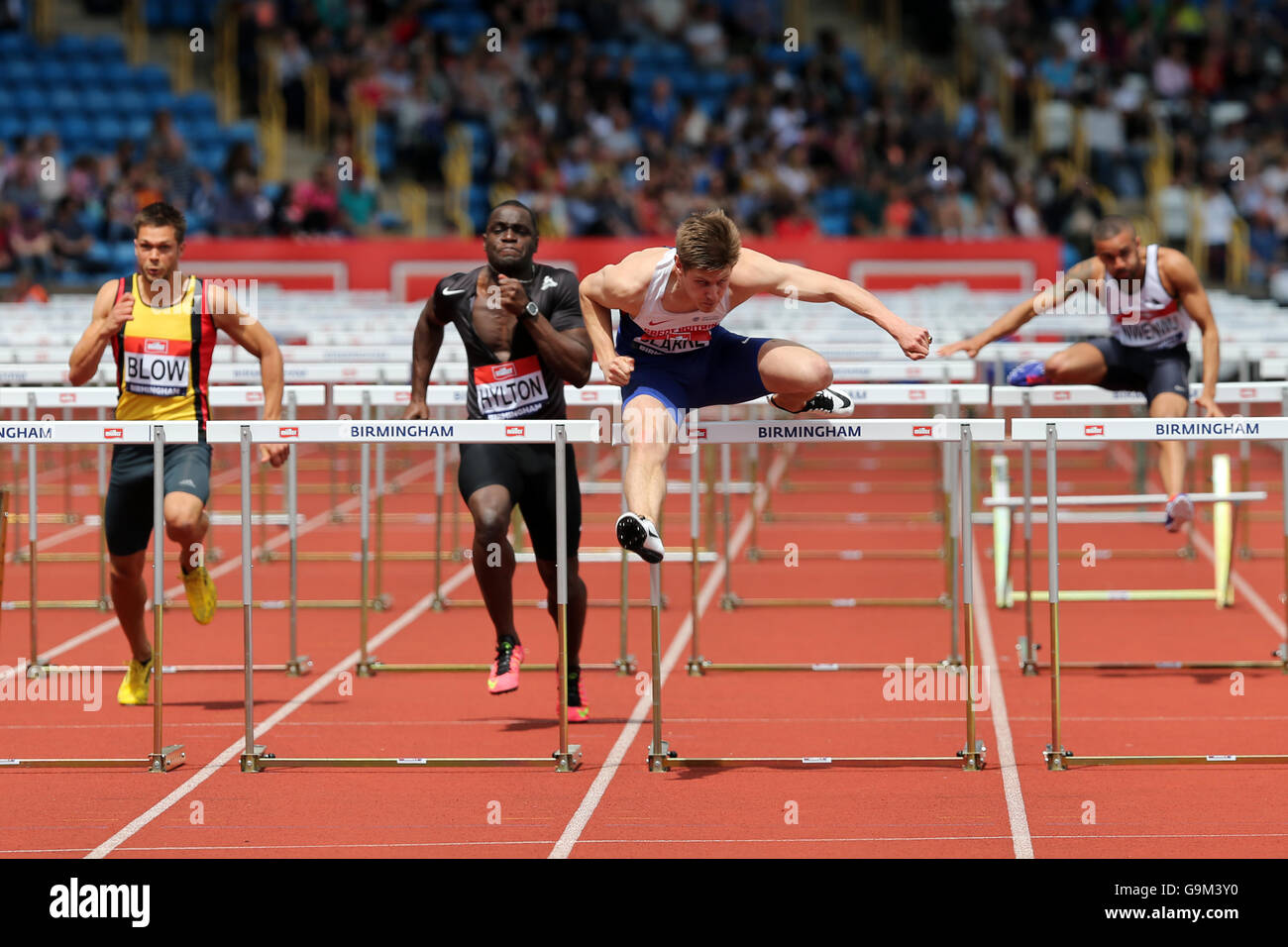 Andy Schlag, Joseph HYLTON, Lawrence CLARKE & Alex NWENWU, 110m-Hürdenlauf der Männer - Heat 3, 2016 britischen Meisterschaften, Birmingham Alexander Stadion UK. Stockfoto