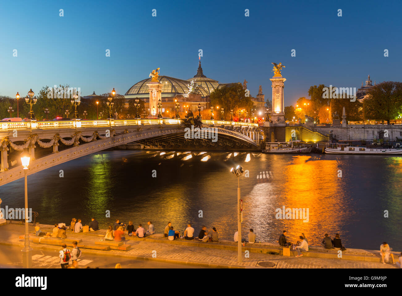 Blick auf die berühmte Brücke von Alexandre-3 in der Nacht. Stockfoto