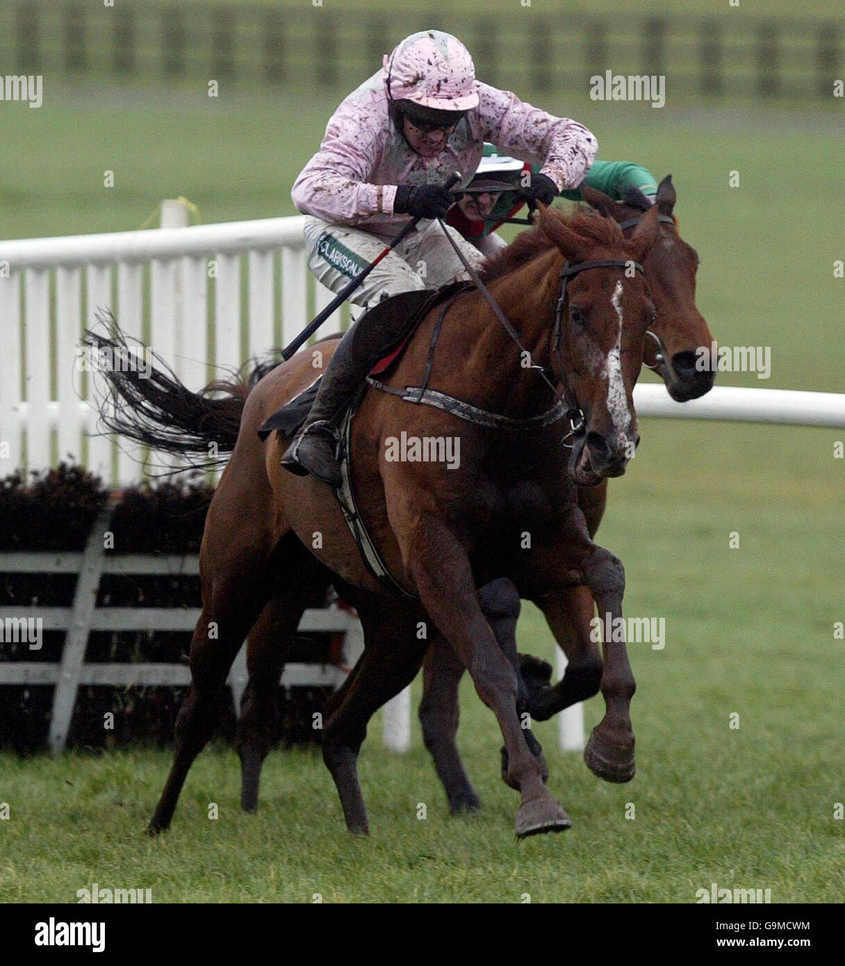 Kazal, geritten von Barry Geraghty, gewann auf der Naas Racecourse die Hürde des Woodlands Park 100 Slaney Novice. Stockfoto