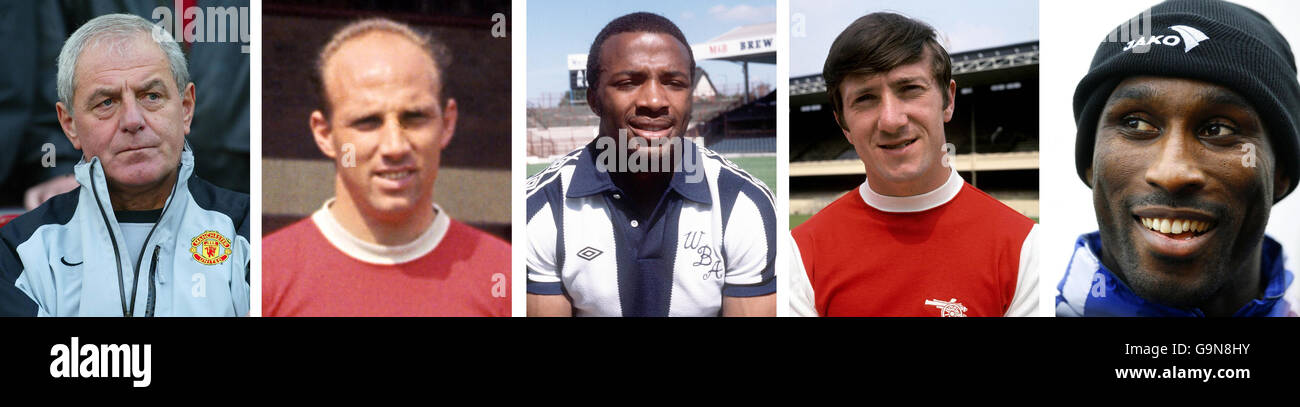 Undatierte Bibliotheksdateien von (von links nach rechts) Manchester United, neuer Assistant Manager Walter Smith, Liverpools Ronnie Moran, West Bromich Albions Cyrille Regis, Arsenals George Armstrong und Sol Campbell. Stockfoto