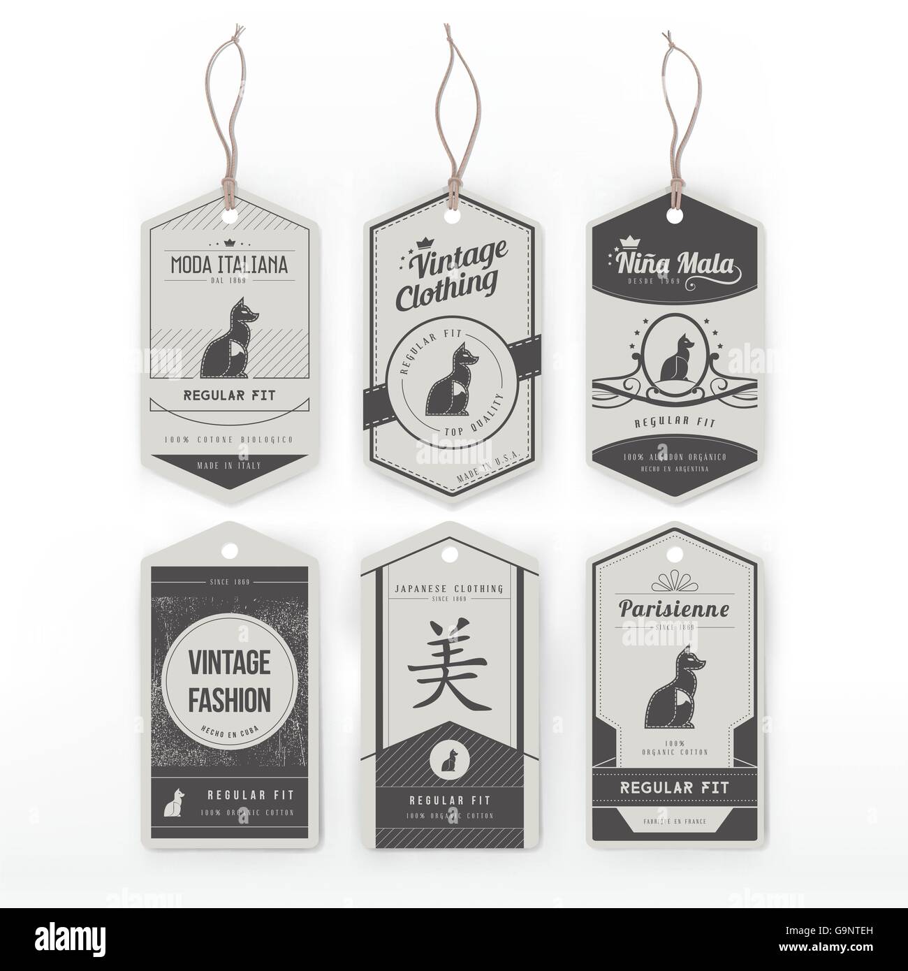 Karton Vintagekleidung Tags eingestellt Wuth, ein Tier und text Stock Vektor