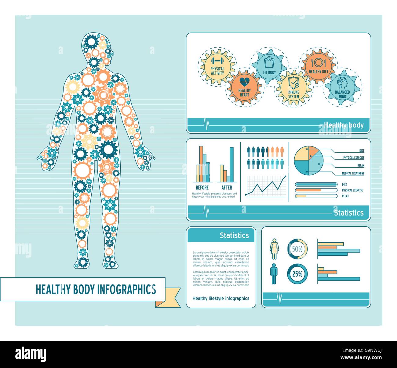 Gesunde Körper und Lifestyle Konzept Infografiken mit menschlichen Körper bestehend aus Getriebe und Diagramme Stock Vektor