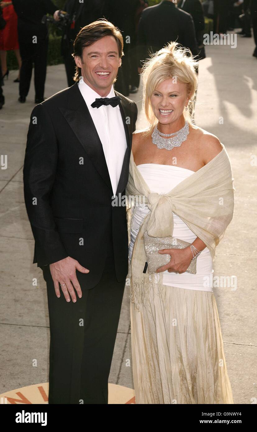 Hugh Jackman und seine Frau Deborra-Lee Furess kommen zur jährlichen Vanity Fair Party im Mortons Restaurant, Los Angeles. Stockfoto