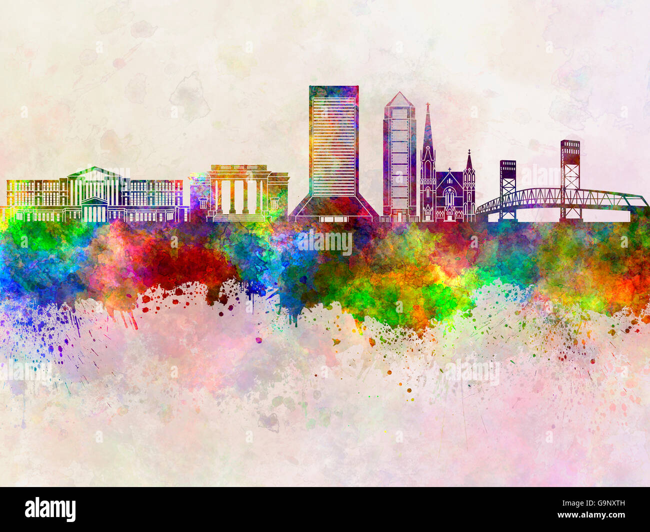 Skyline von Jacksonville in Aquarell Hintergrund Stockfoto