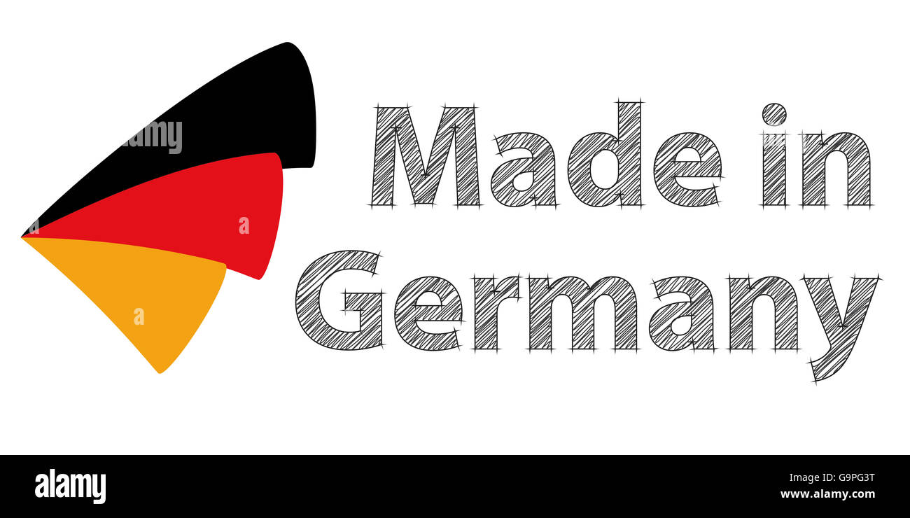 Hergestellt in Deutschland-Logo mit den Farben der deutschen Flagge Stockfoto