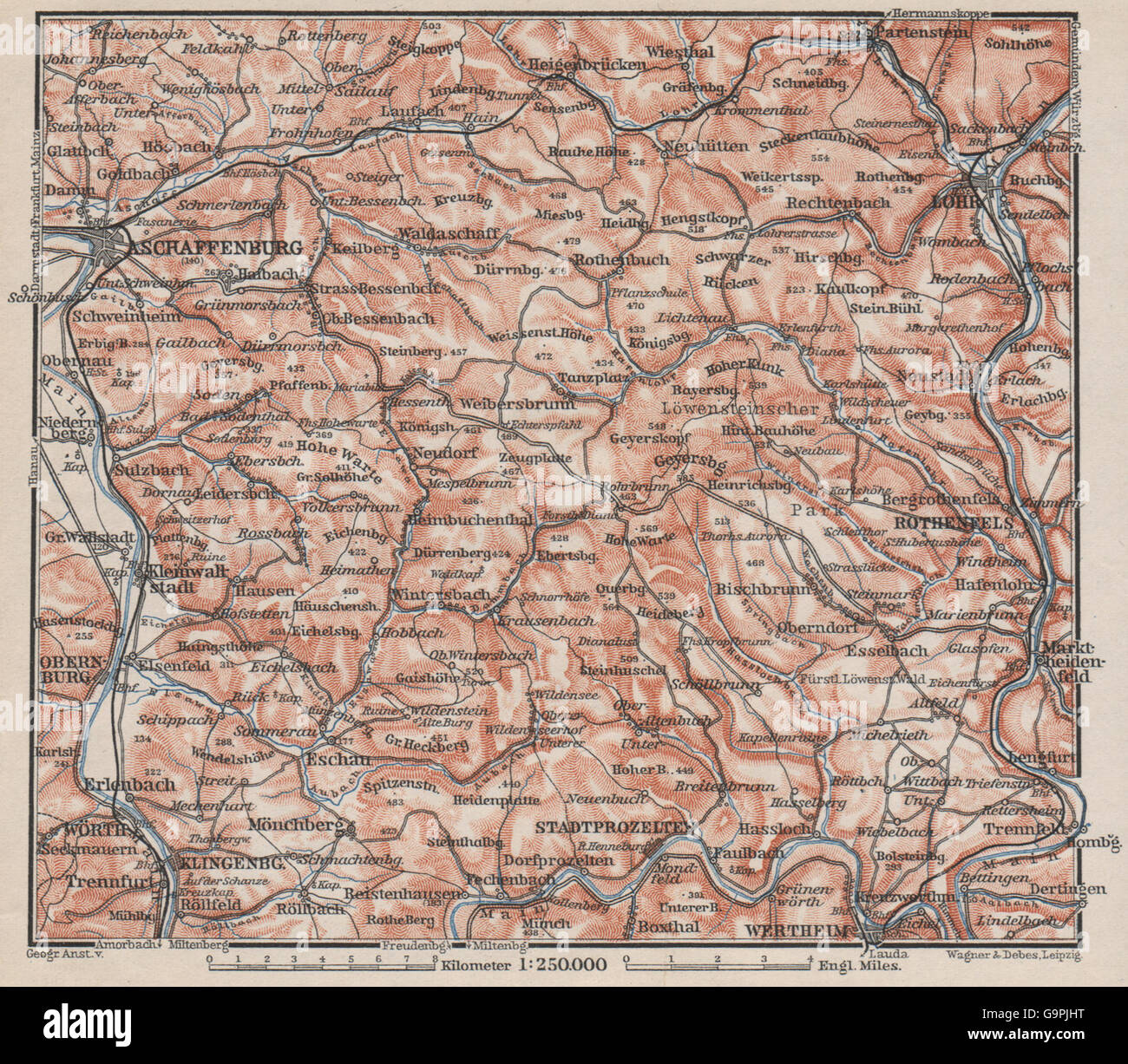 SPESSART Topo-Karte. Aschaffenburg-Lohr am Main Zertheim Geiersberg, 1895 Stockfoto