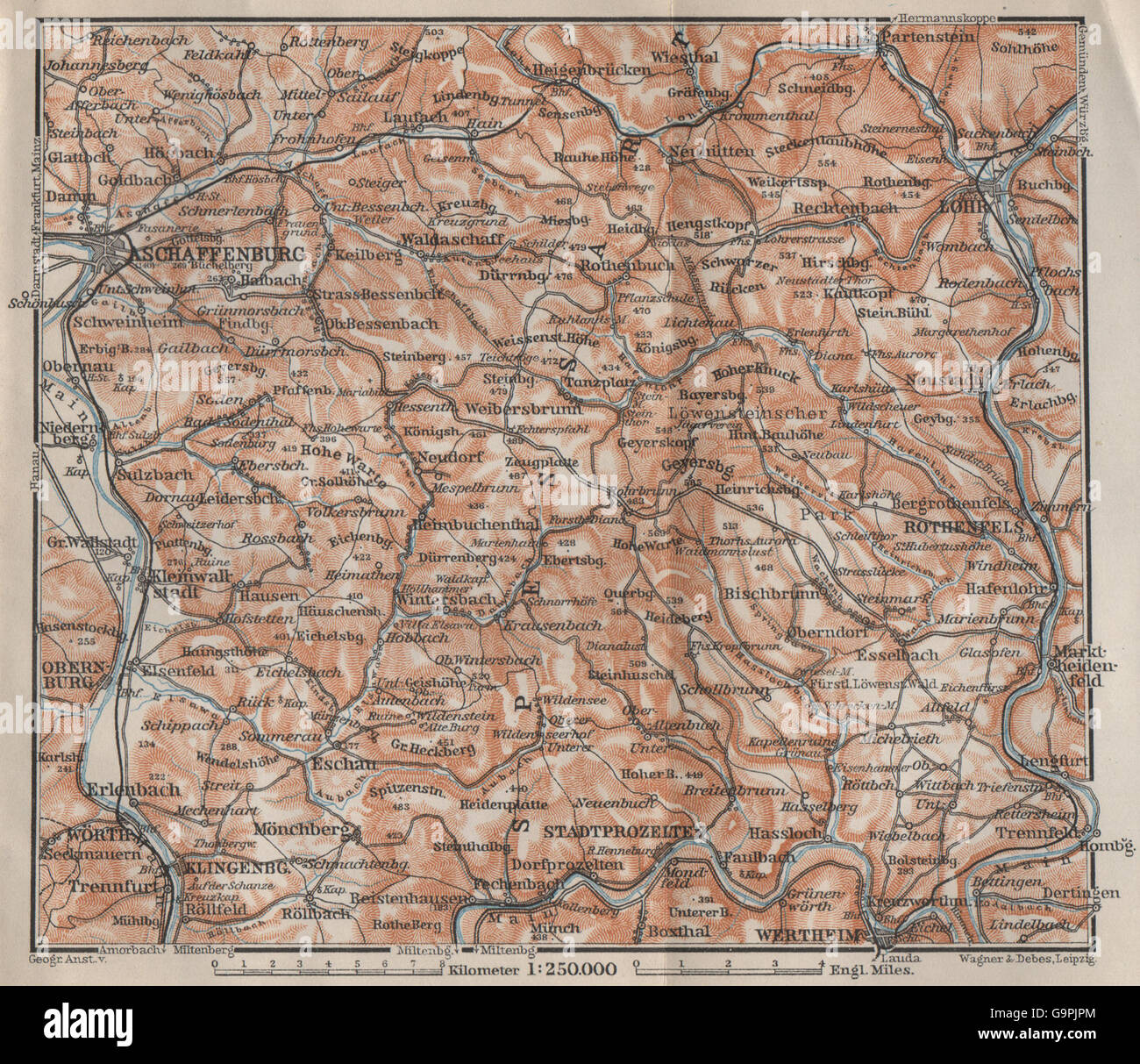 SPESSART Topo-Karte. Aschaffenburg-Lohr am Main Zertheim Geiersberg, 1907 Stockfoto