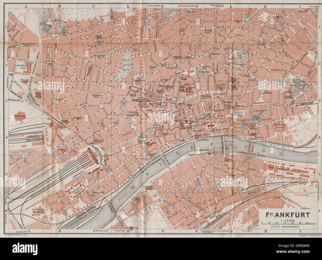 FRANKFURT AM MAIN antiken Stadt Stadt attraktivem. Hessen Karte. BAEDEKER, 1910-Karte Stockfoto