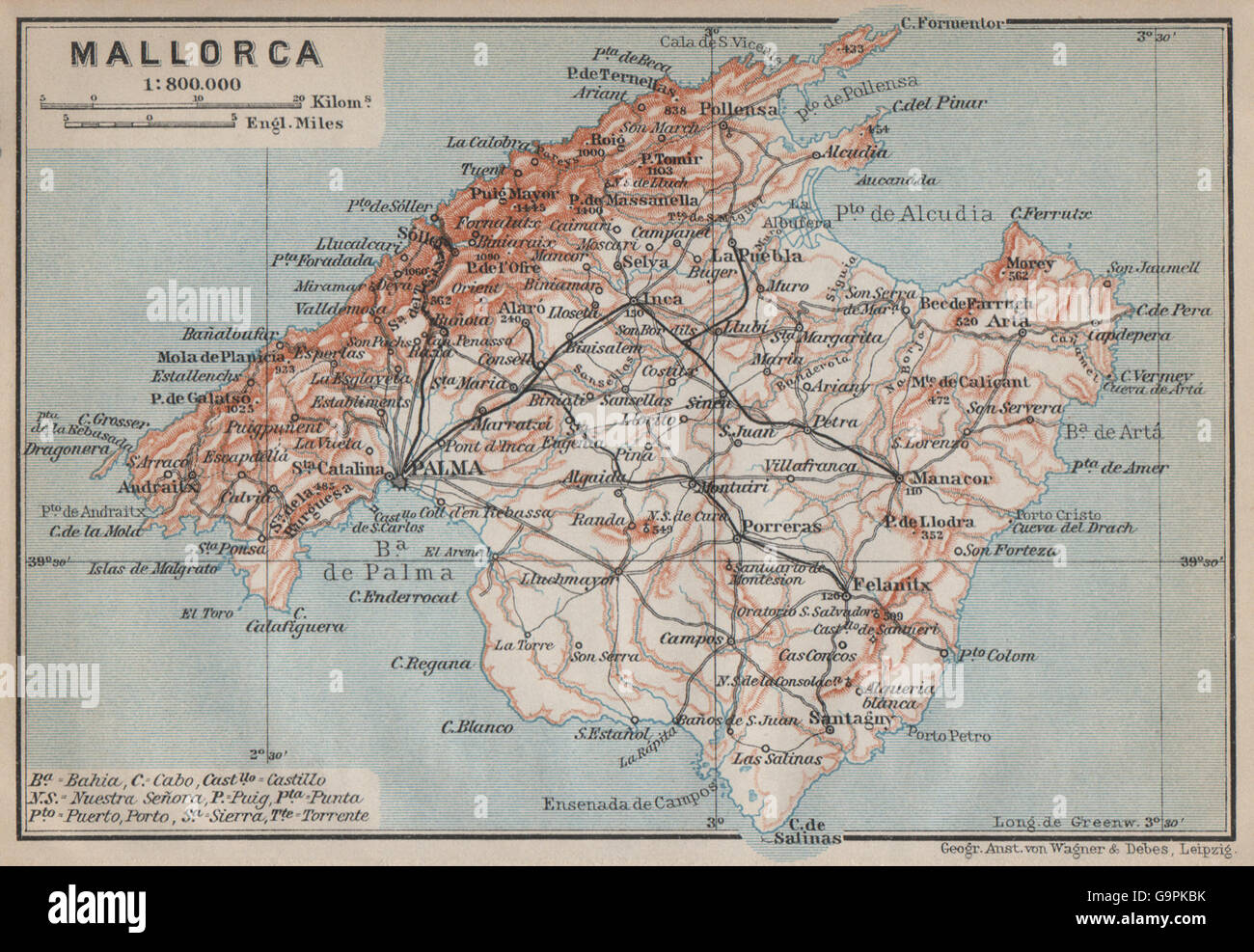 Insel Mallorca MALLORCA Topo-Karte. Spanien España Mapa. BAEDEKER, 1913 Stockfoto