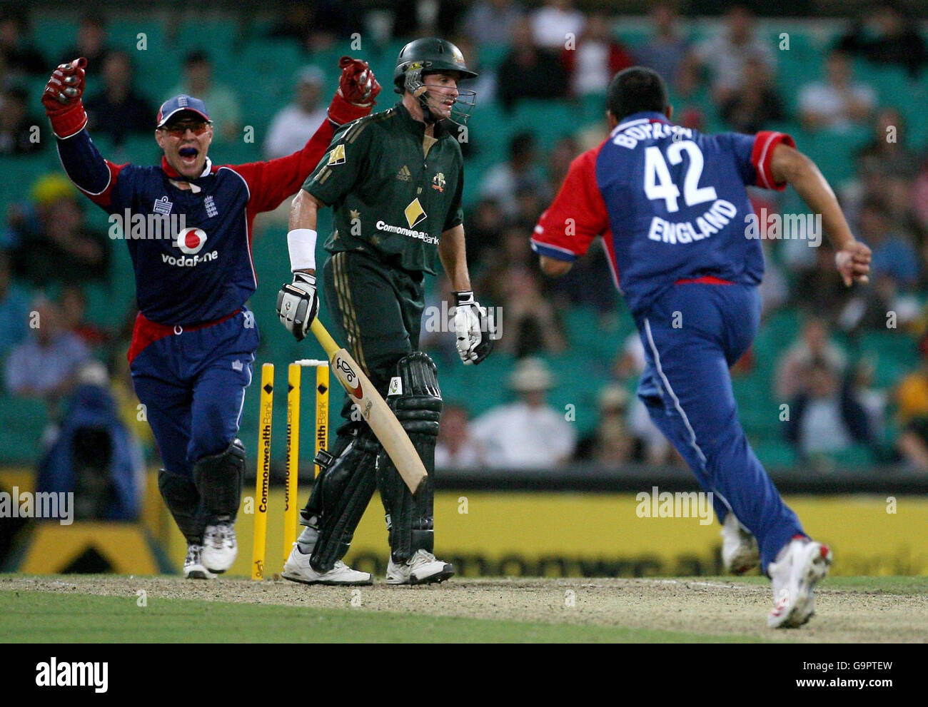 Der englische Ravi Bopara (rechts) feiert mit dem Wicketkeeper Paul Nixon, nachdem er den australischen Michael Hussey während der Commonwealth Bank Series auf dem Sydney Cricket Ground, Sydney, Australien, gekegelt hat. Stockfoto