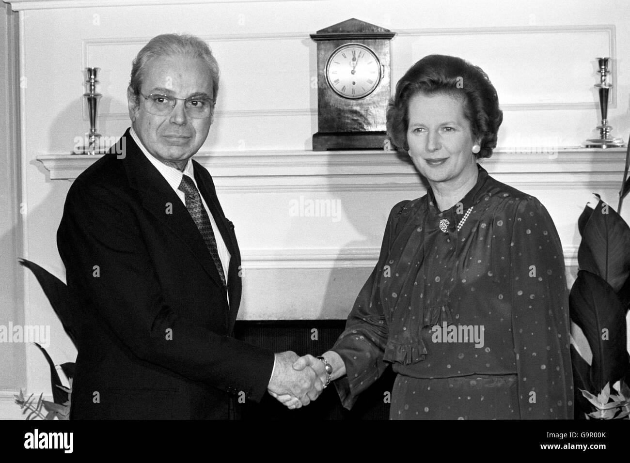 Falkland-Krieg - Thatcher und Perez de Cuellar Stockfoto