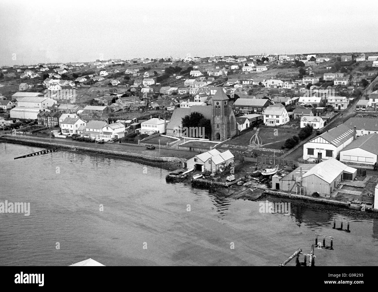 Eine Luftaufnahme von Port Stanley. Stockfoto