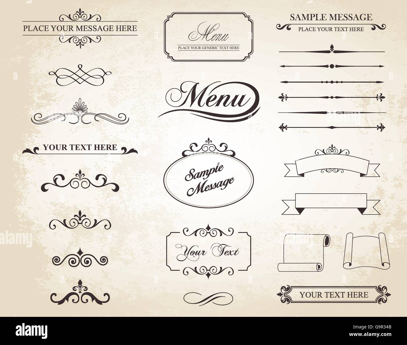 Dieses Bild ist ein Vektor-Set enthält kalligrafischen Elementen, Grenzen, Seite Teiler, Seite Dekoration und Ornamente. Stock Vektor