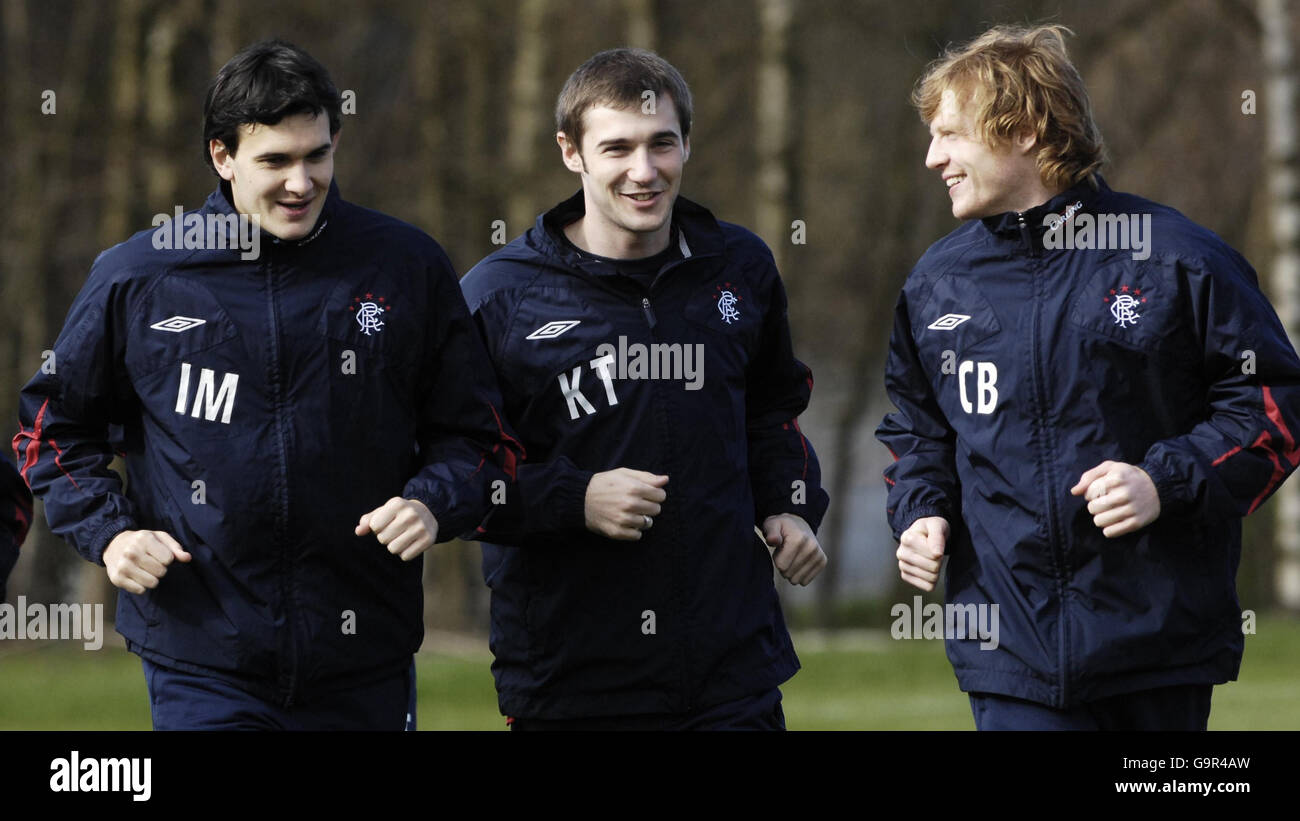 Rangers Spieler (von links nach rechts) Ian Murray, Kevin Thomson und Chris Burke während einer Trainingseinheit im Murray Park, Glasgow. Stockfoto