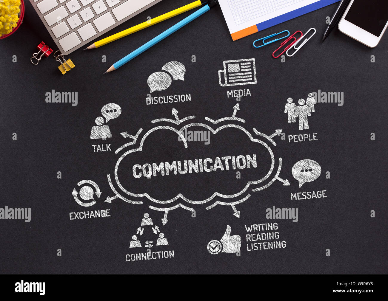 Kommunikation-Diagramm mit Keywords und Symbole auf Tafel Stockfoto