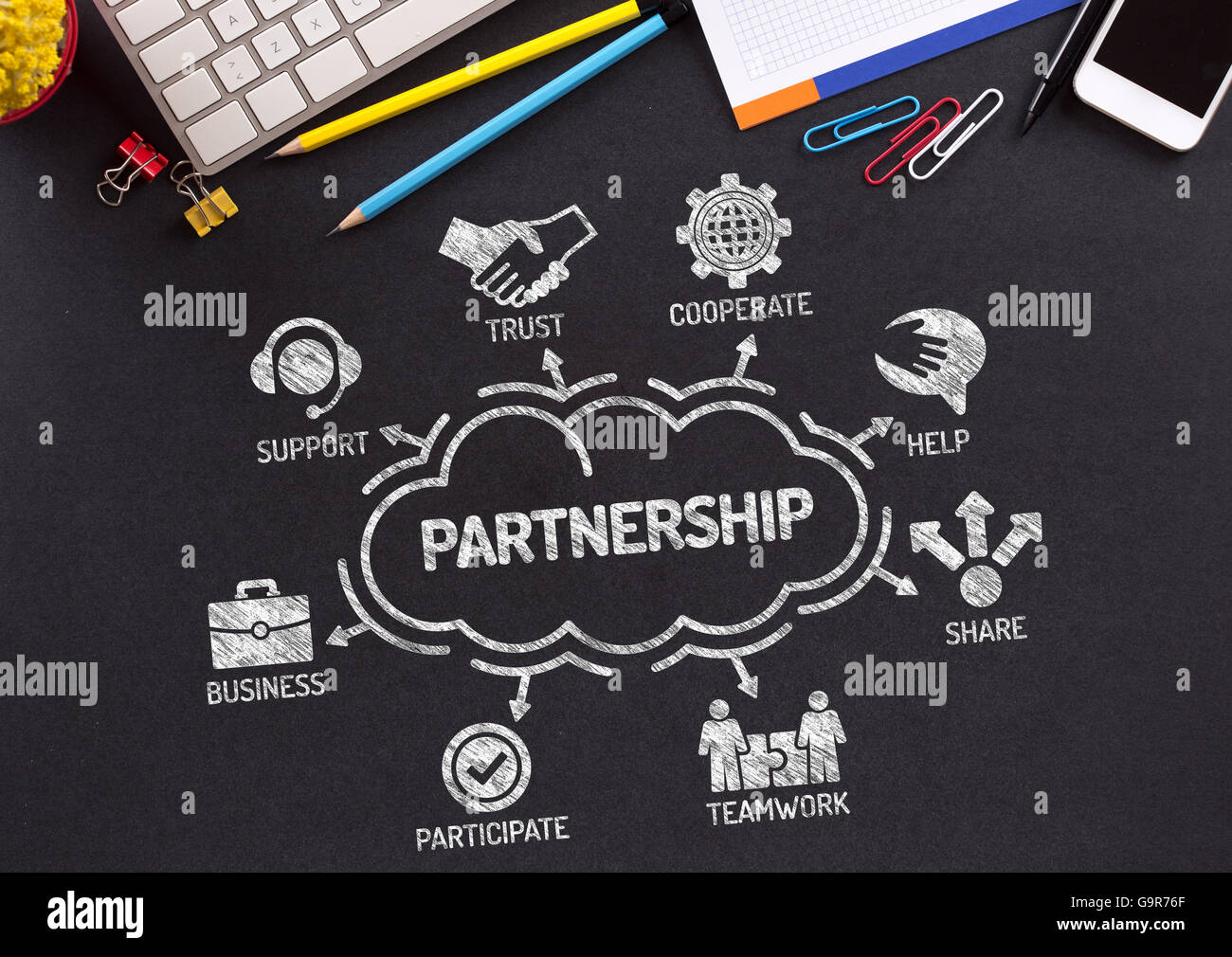 Partnerschaft-Diagramm mit Keywords und Symbole auf Tafel Stockfoto