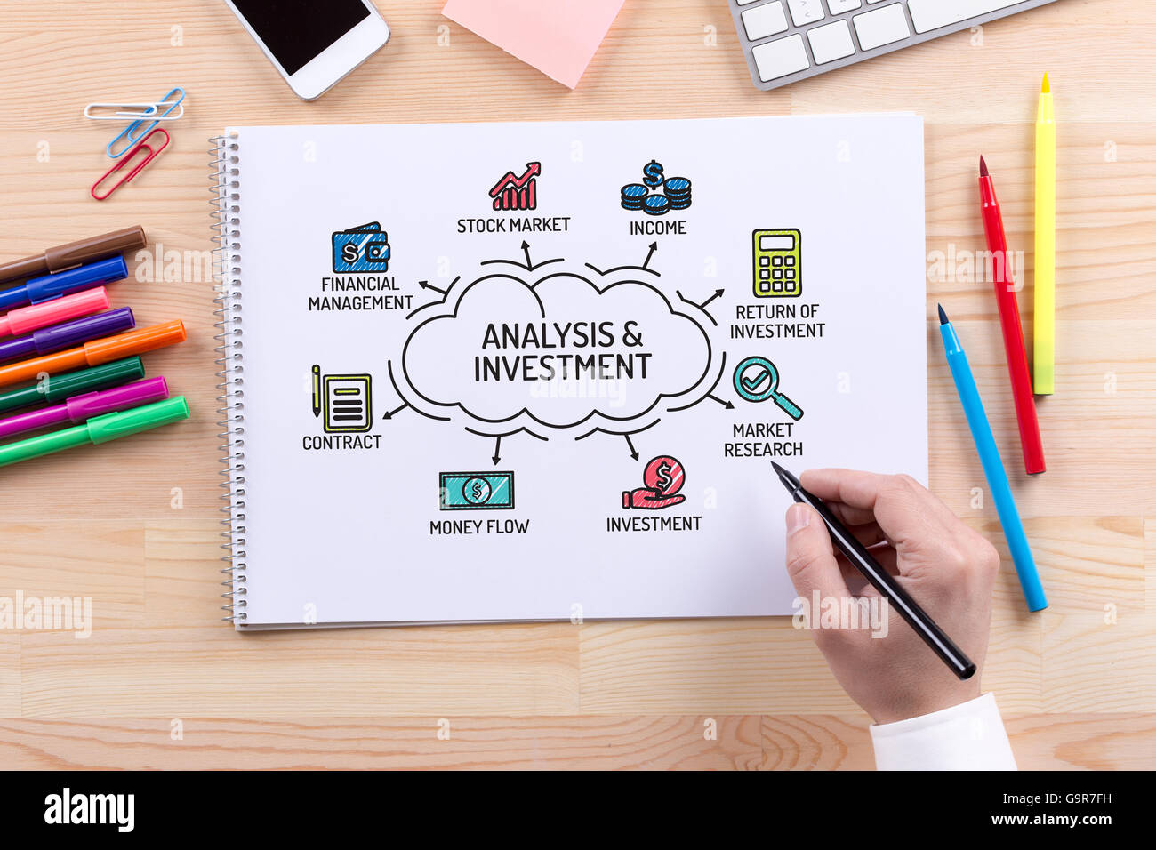 Analyse und Investitionen Diagramm mit Schlüsselwörter und Symbole zu skizzieren Stockfoto