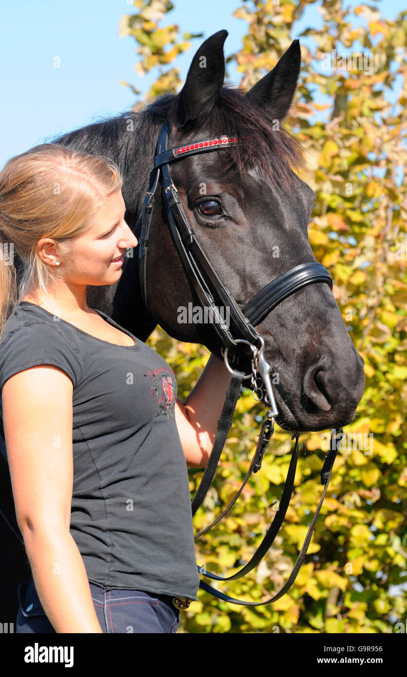 Frau mit deutschen Warmblut / Bit einzudämmen Stockfoto