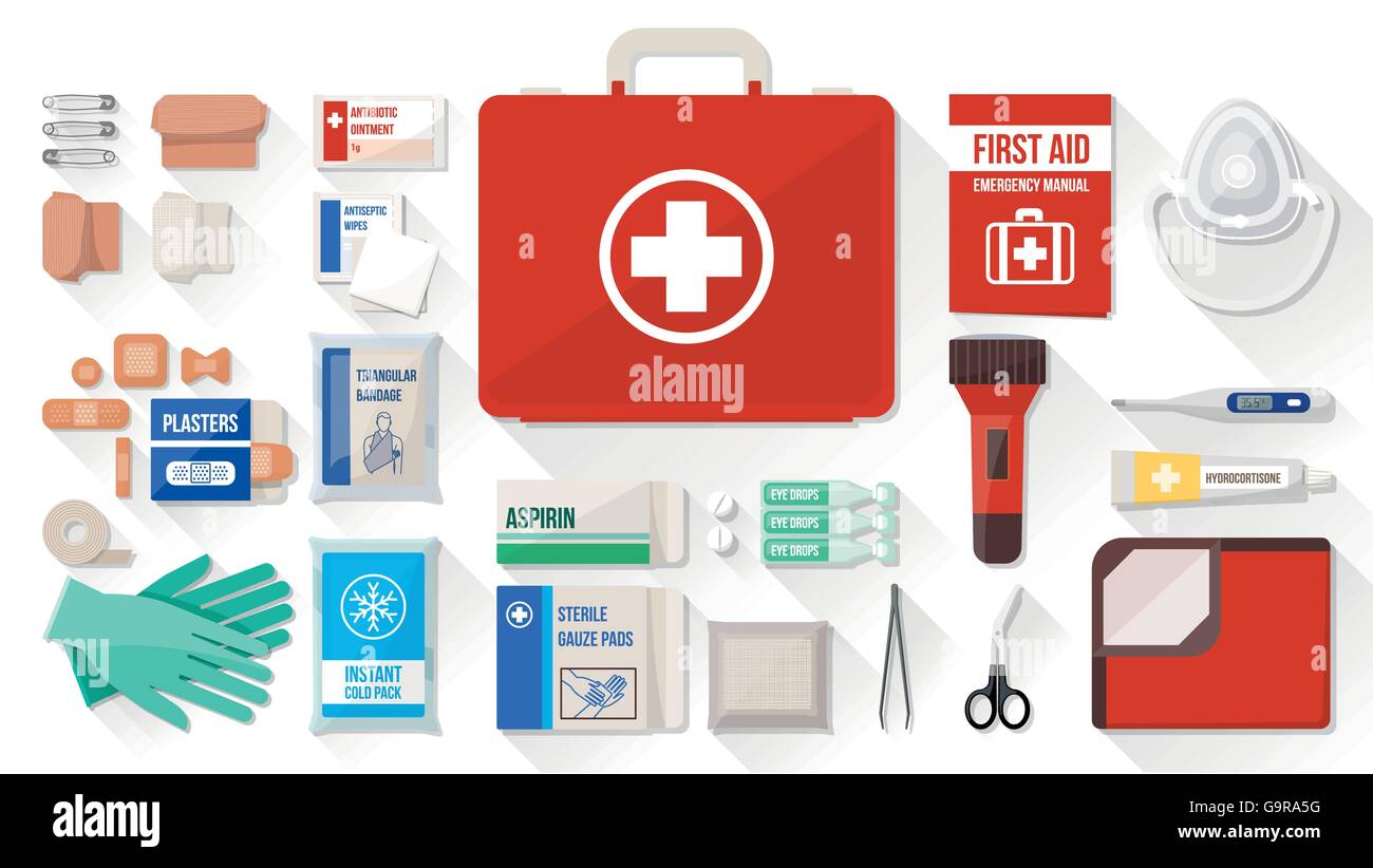 Erste Hilfe Kit-Kasten mit medizinischen Geräten und Medikamenten für Notfälle, Objekte Draufsicht Stock Vektor