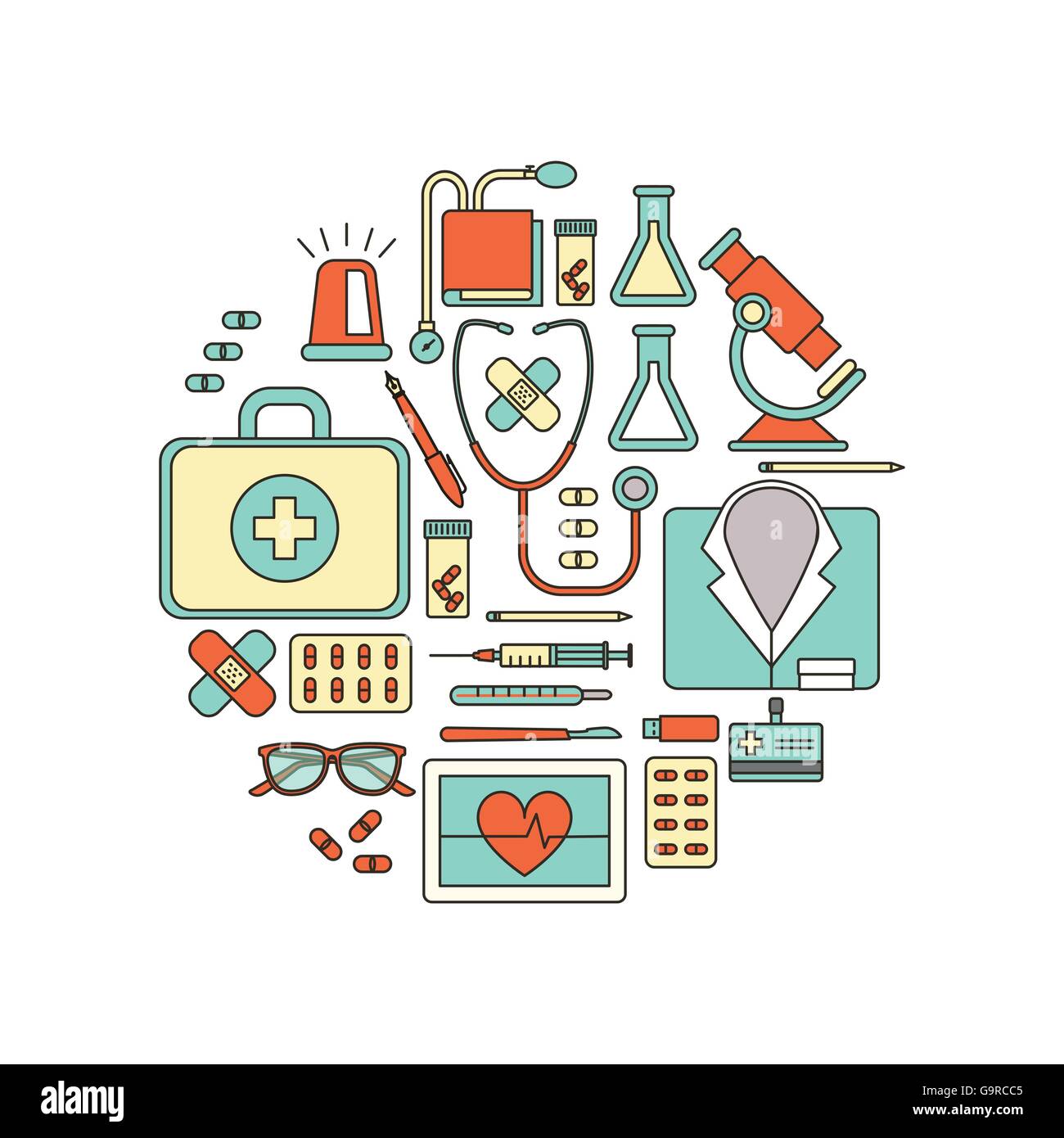 Arzt und Gesundheitswesen medizinische Ausrüstung, dünne Linie Objekte in eine Runde Form auf weißem Hintergrund Stock Vektor