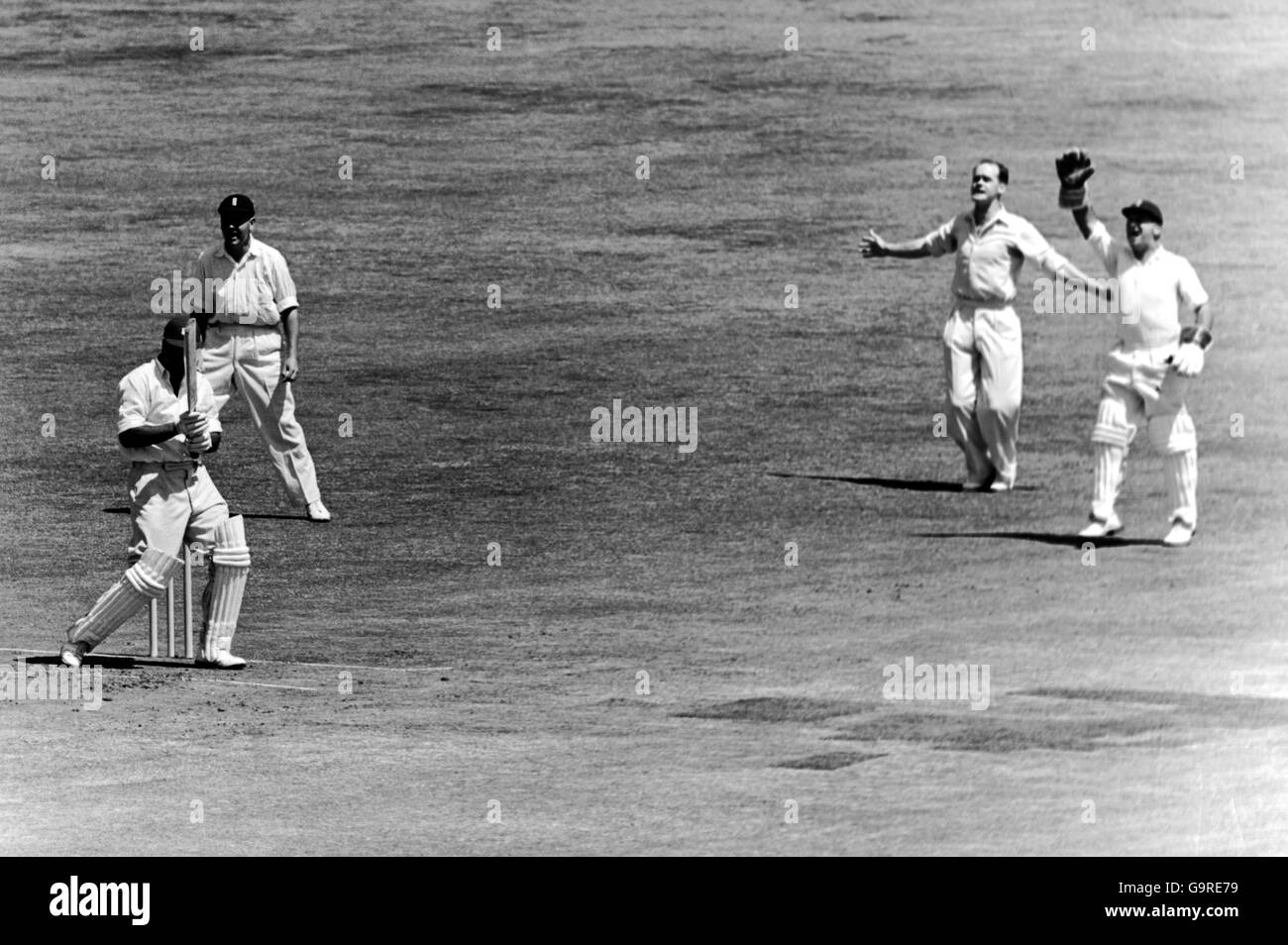 Cricket - Zweiter Test - England gegen Westindien - erster Tag. Clyde Walcott (l) von West Indies ist aus, LBW an den englischen Trevor Bailey für 14 Stockfoto