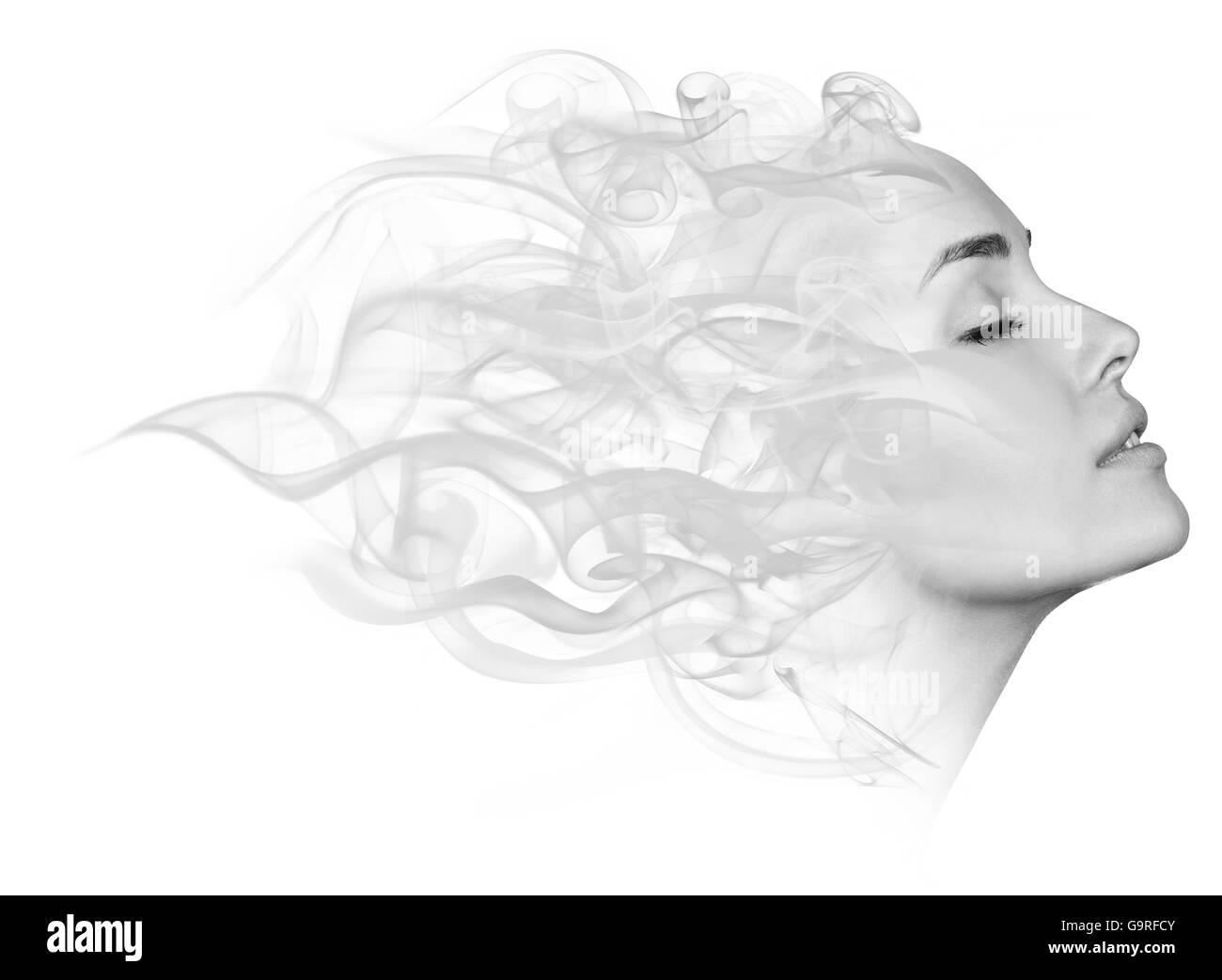 Doppelbelichtung Porträt der Frau und Rauch. Stockfoto