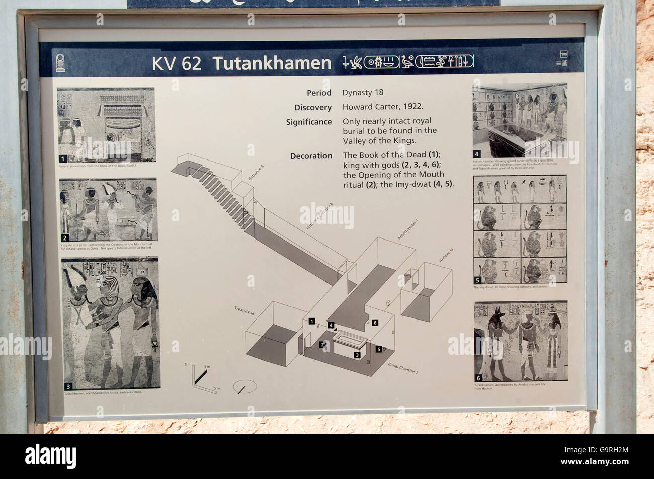 Übersichtskarte am Eingang, Grab von Tutenchamun, Grab, Pharao, Tal der Könige, West-Theben, Luxor, Ägypten / Tut-Anch-Amun, Tut-Ench-Amun, Ank Amun Tut, Tut Ankh Amun, Tut-Ench-Amun, Tut Enkh Amun Tut Enk Amun Stockfoto