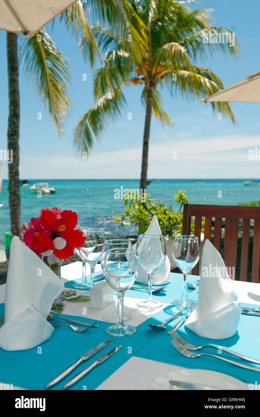 luxuriösem dekoriert Mittagstisch mit Hibiskusblüte unter Palme / Mauritius, Afrika Stockfoto