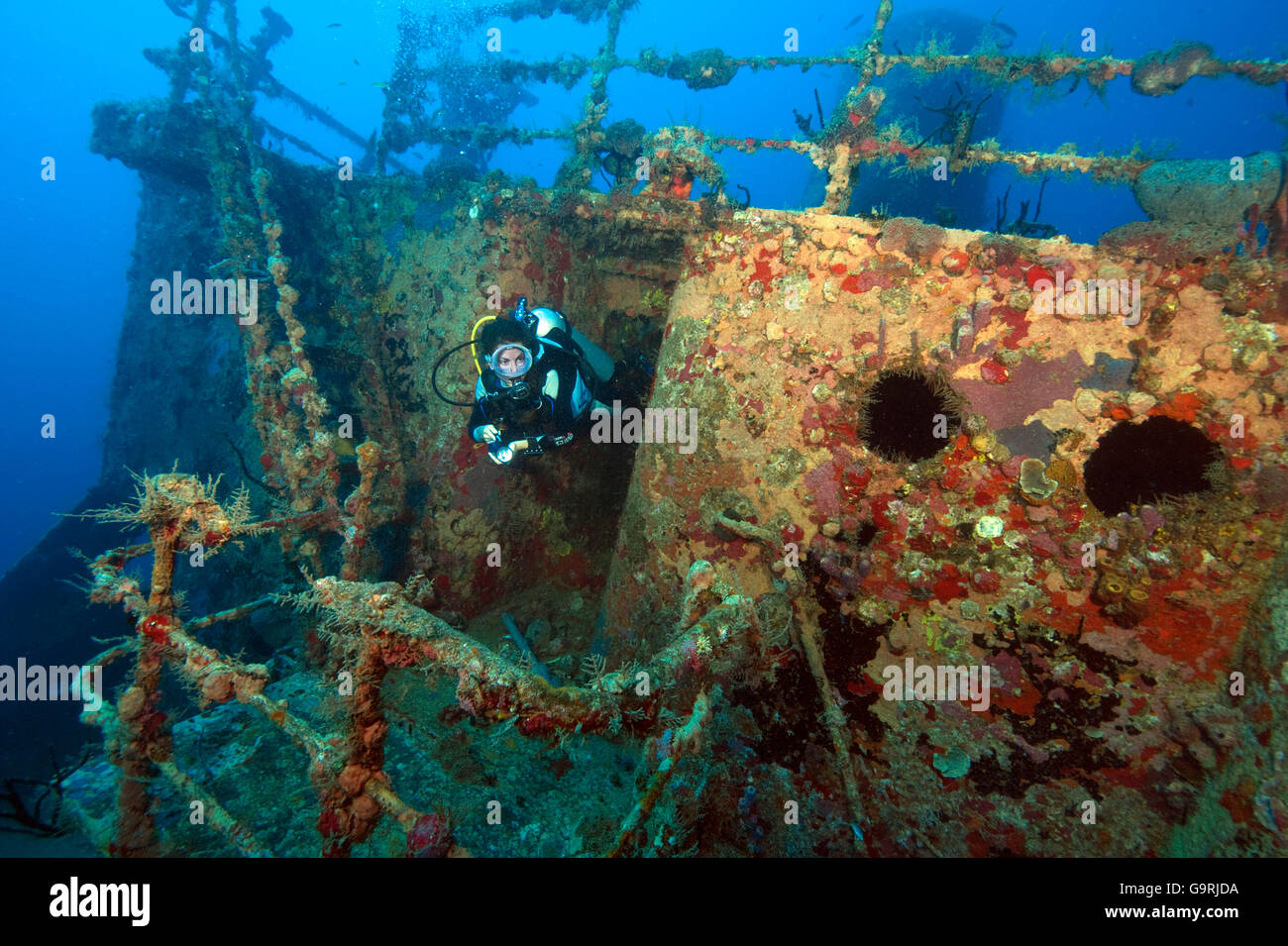 Taucher am Wrack St. George, Bayahibe, Dominikanische Republik, Karibik, Amerika Stockfoto