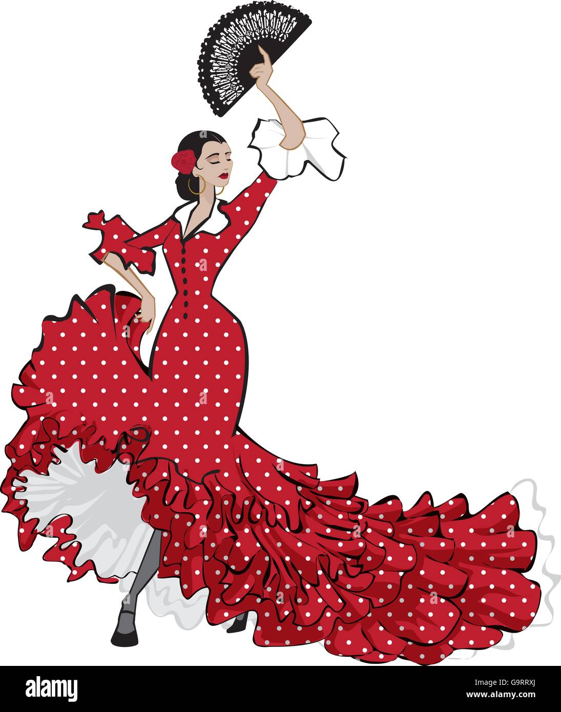 Bunte Vektor-Illustration von einem hübschen weiblichen Flamenco-Tänzerin in langen roten Kleid mit Ventilator Stock Vektor