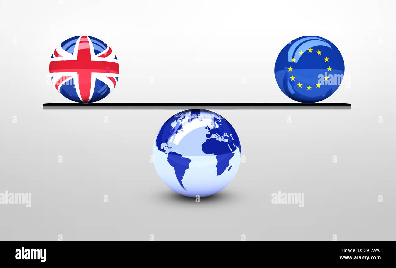 Brexit britischen Referendum mit UK- und EU-Flagge Kugeln balancieren auf Welt Karte Globus 3D Illustration Konzept. Stockfoto