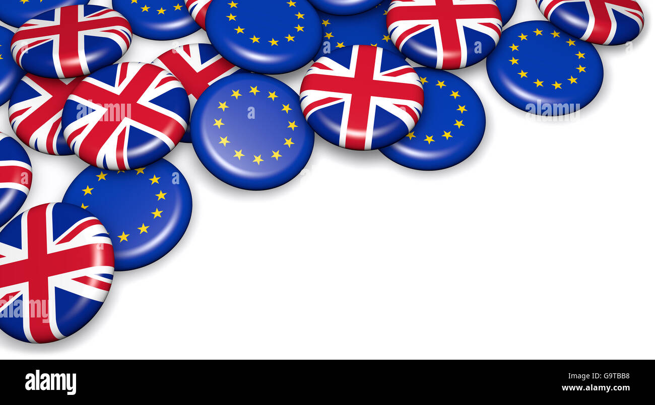 Brexit britischen Referendum Konzept mit UK- und EU-Flagge auf Campain Pin Abzeichen 3D-Illustration auf weißem Hintergrund. Stockfoto