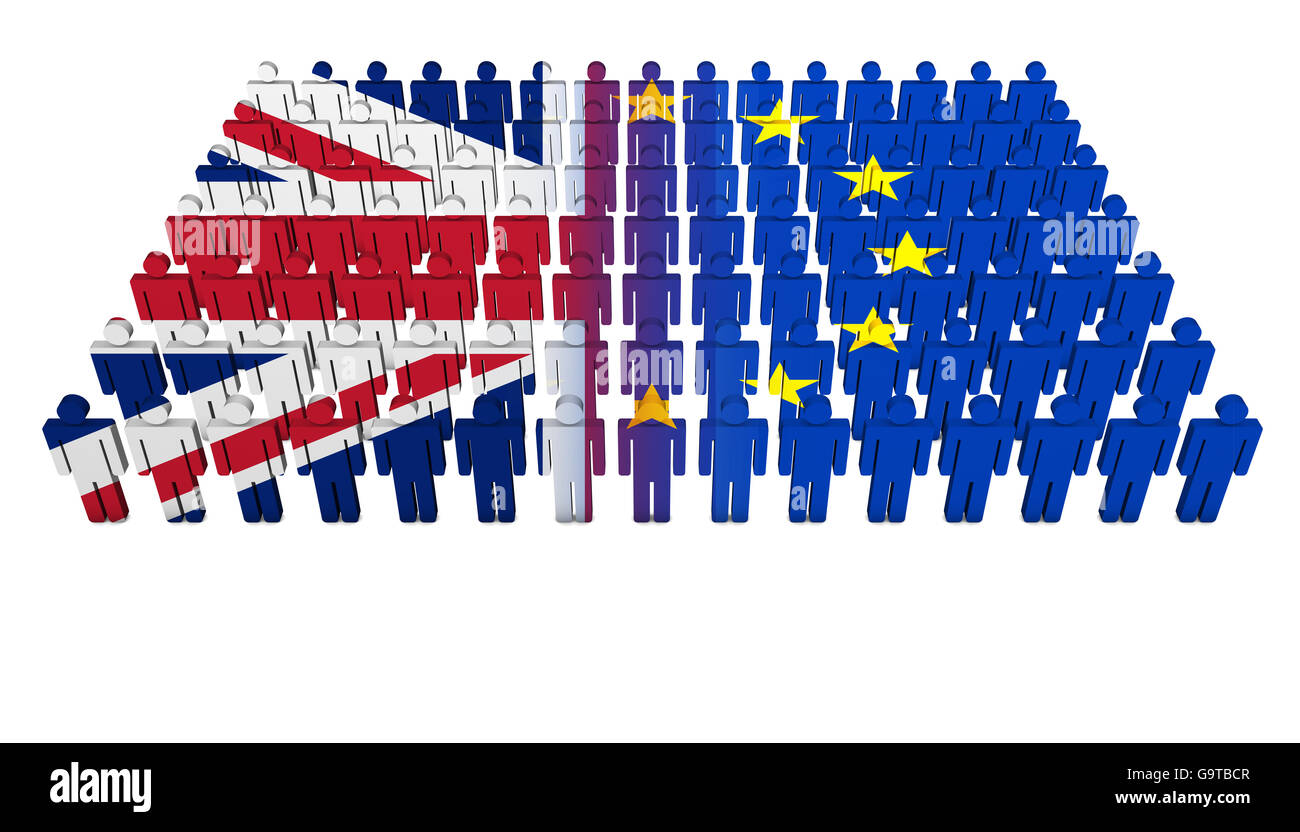 Brexit britischen Referendum Konzept mit Union Jack und EU-Flagge auf einer gesplitteten Menschen Parade 3D Illustration auf weißem Hintergrund. Stockfoto