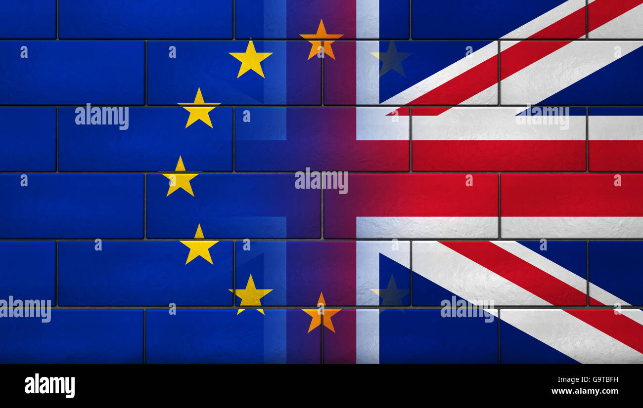 Brexit britischen Referendum UK Hintergrund Konzept mit Union Jack Fading mit EU-Flagge auf einer gemauerten Wand 3D Illustration. Stockfoto