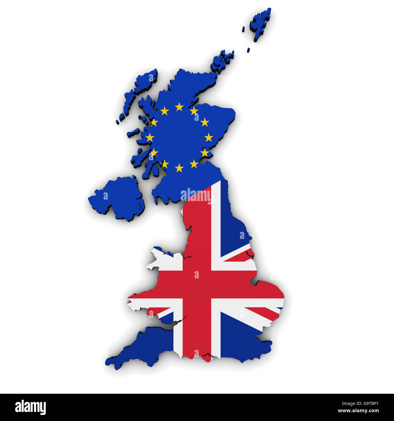 Brexit britischen Referendum Konzept mit Union Jack und EU-Flagge auf UK Karte und Form 3D Illustration auf weißem Hintergrund. Stockfoto