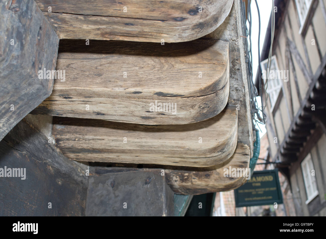 Altes Holz aus einem Holz gerahmt Gebäude in den Shambles YORK UK Stockfoto