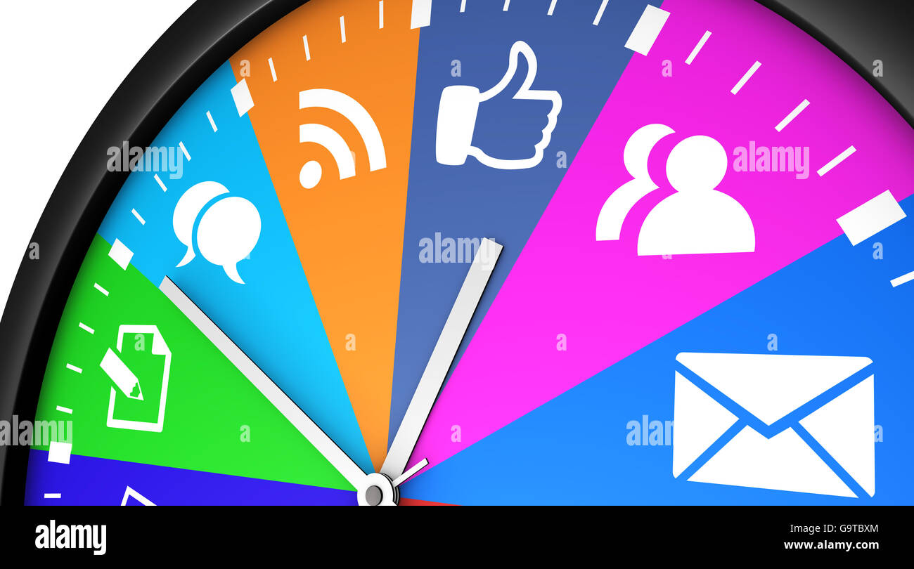 Soziales Netzwerk Management und Web-Strategiekonzept mit einer Uhr und social-Media-Symbol in mehrere Farben gedruckt. Stockfoto