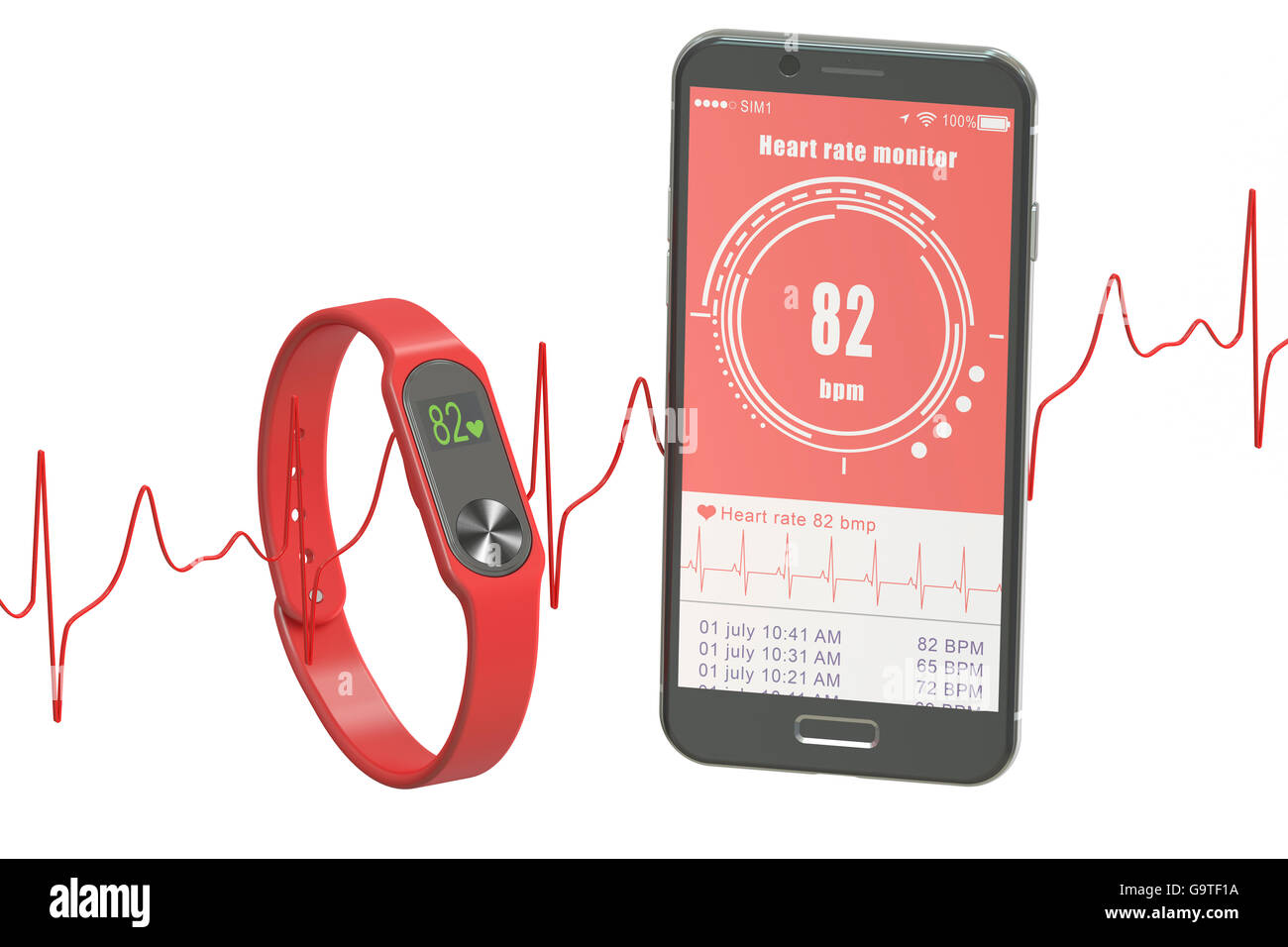 Aktivität-Tracker oder Fitness-Armband mit Smartphone, 3D-Rendering isolierten auf weißen Hintergrund Stockfoto