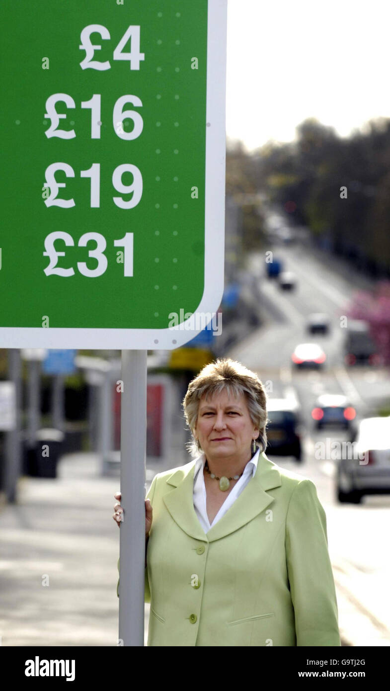 Annabel Goldie, die Vorsitzende der schottischen Konservativen, steht bei einem Wahlkampfbesuch auf der Great Western Road in Glasgow vor einem gefälschten Straßenschild. Stockfoto