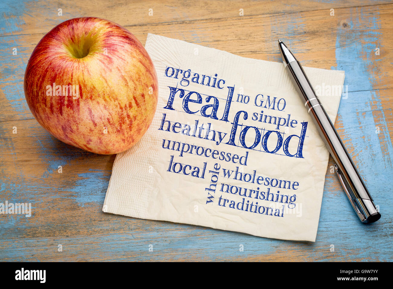 richtiges Essen Wortwolke auf einer Serviette mit einem frischen Apfel - gesunde Lifestyle-Konzept Stockfoto