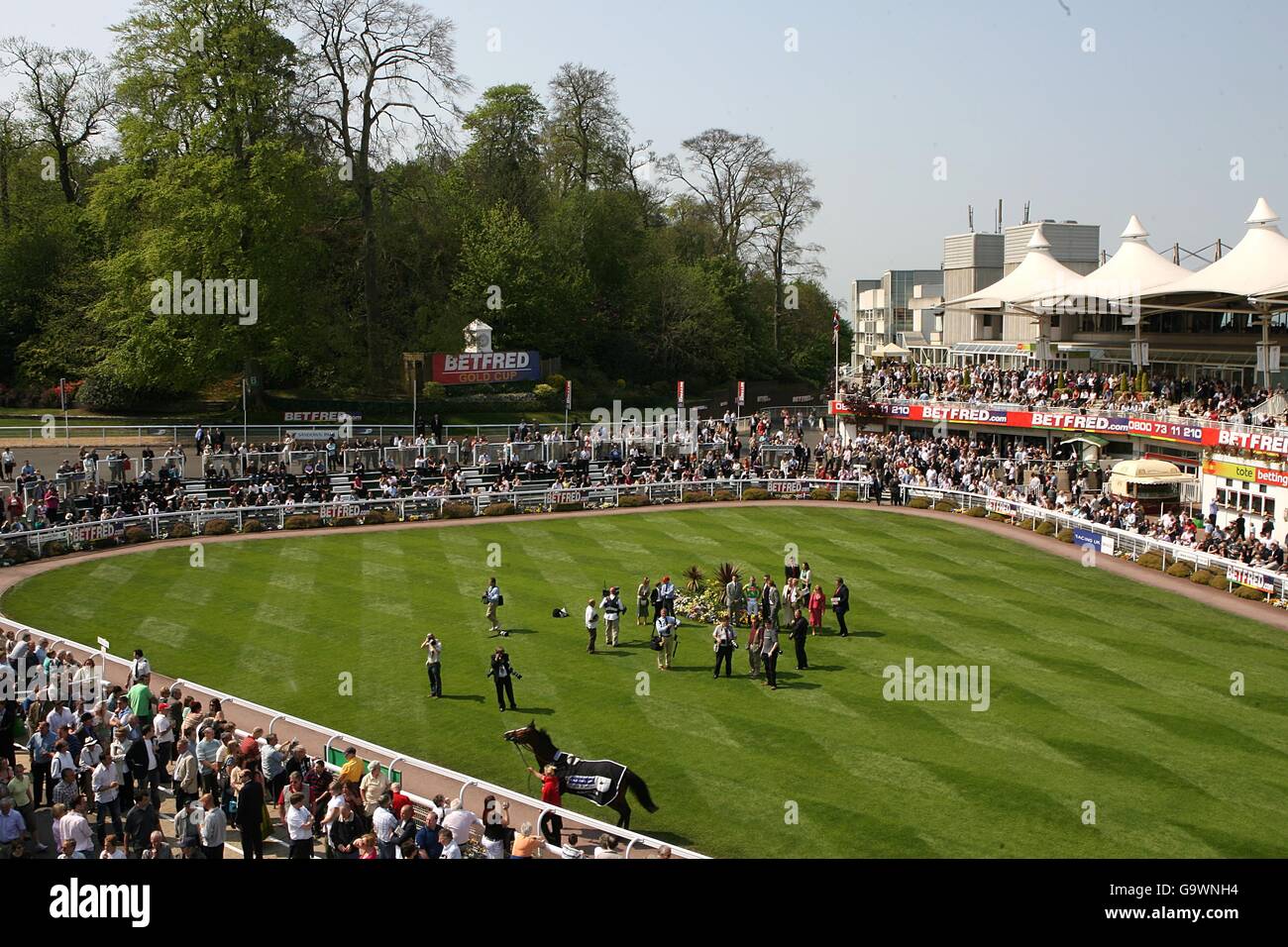 Ein Blick auf ein Pferd, das um den Paradering im Sandown Park geführt wird, während sich eine Gruppe von Fotografen im Zentrum versammelt. Stockfoto