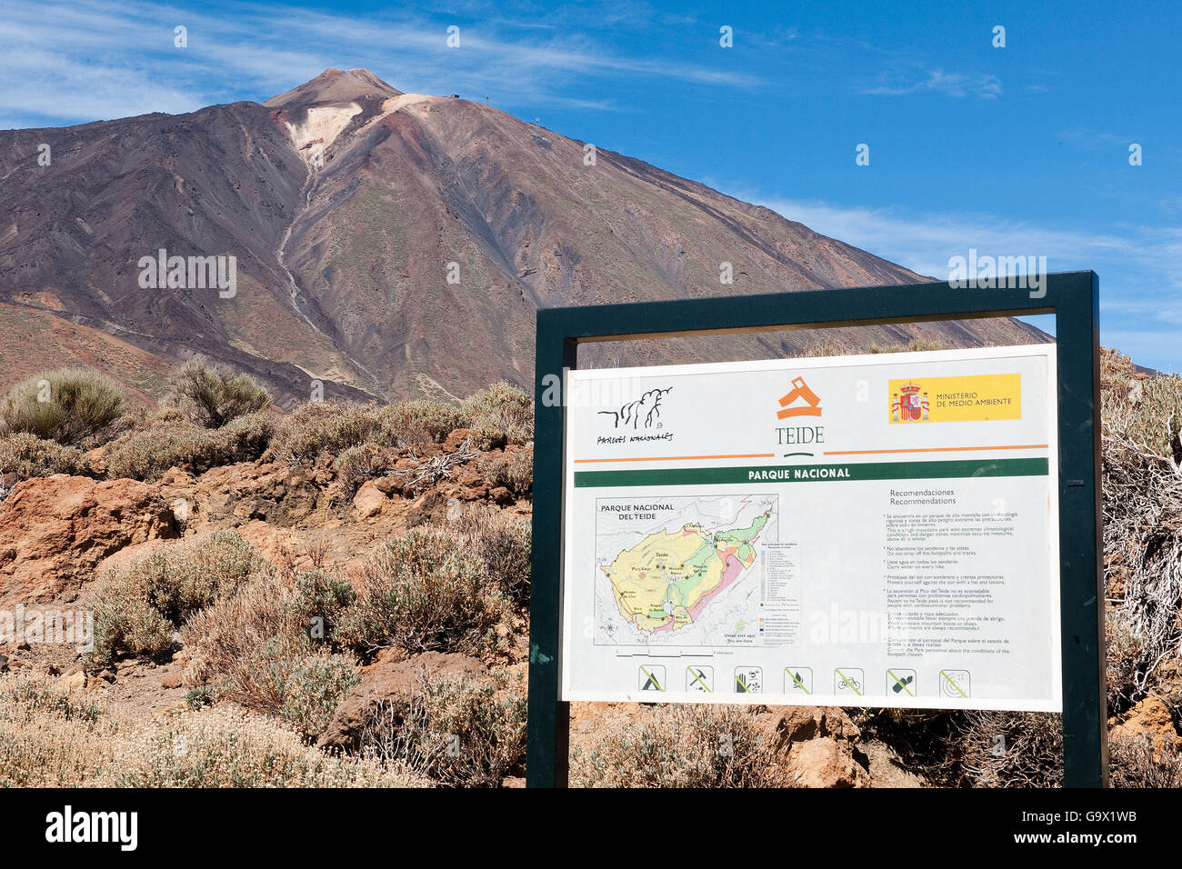 Tourist-Information Board am Teide, Teide hohe plateau, Teneriffa, Spanien, Kanarische Inseln, Europa Stockfoto