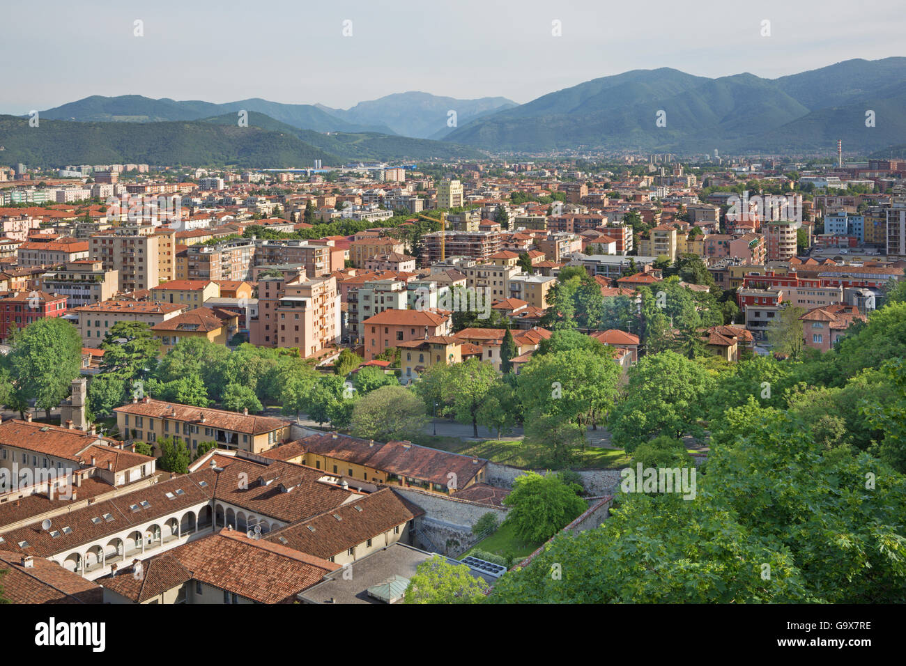 Brescia - der Ausblick über die Stadt von der Burg. Stockfoto
