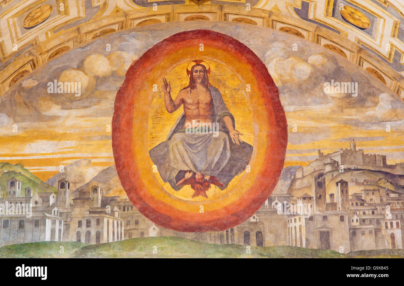 BRESCIA, Italien - 21. Mai 2016: Christus Pantokrator über der Stadt Fresko in der Kirche Chiesa di San Giuseppe von Romanino Schule Stockfoto