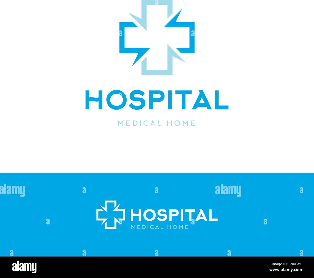 Isolierte blau Kreuz Vektor-Logo. Medizinischen Symbol Kontur Schriftzug. Krankenhaus auf dem weißen Hintergrund zu schreiben. Erste-Hilfe-Zeichen. Stock Vektor