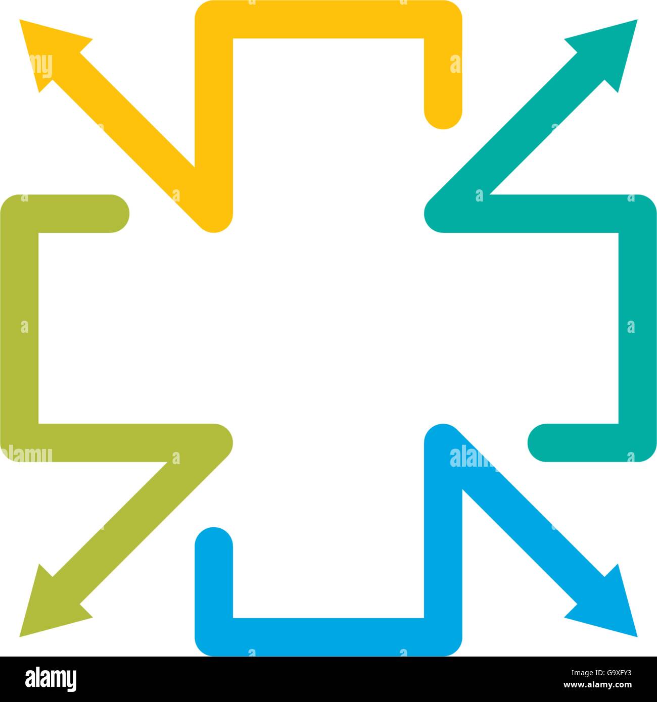 Isolierte blaue, gelbe und grüne Farbe Kreuz Vektor-Logo, Kontur medizinische Zeichen Schriftzug. Krankenhaus-Symbol auf dem weißen Hintergrund. Religiöse Ikonographie. Arithmetische plus. Stock Vektor