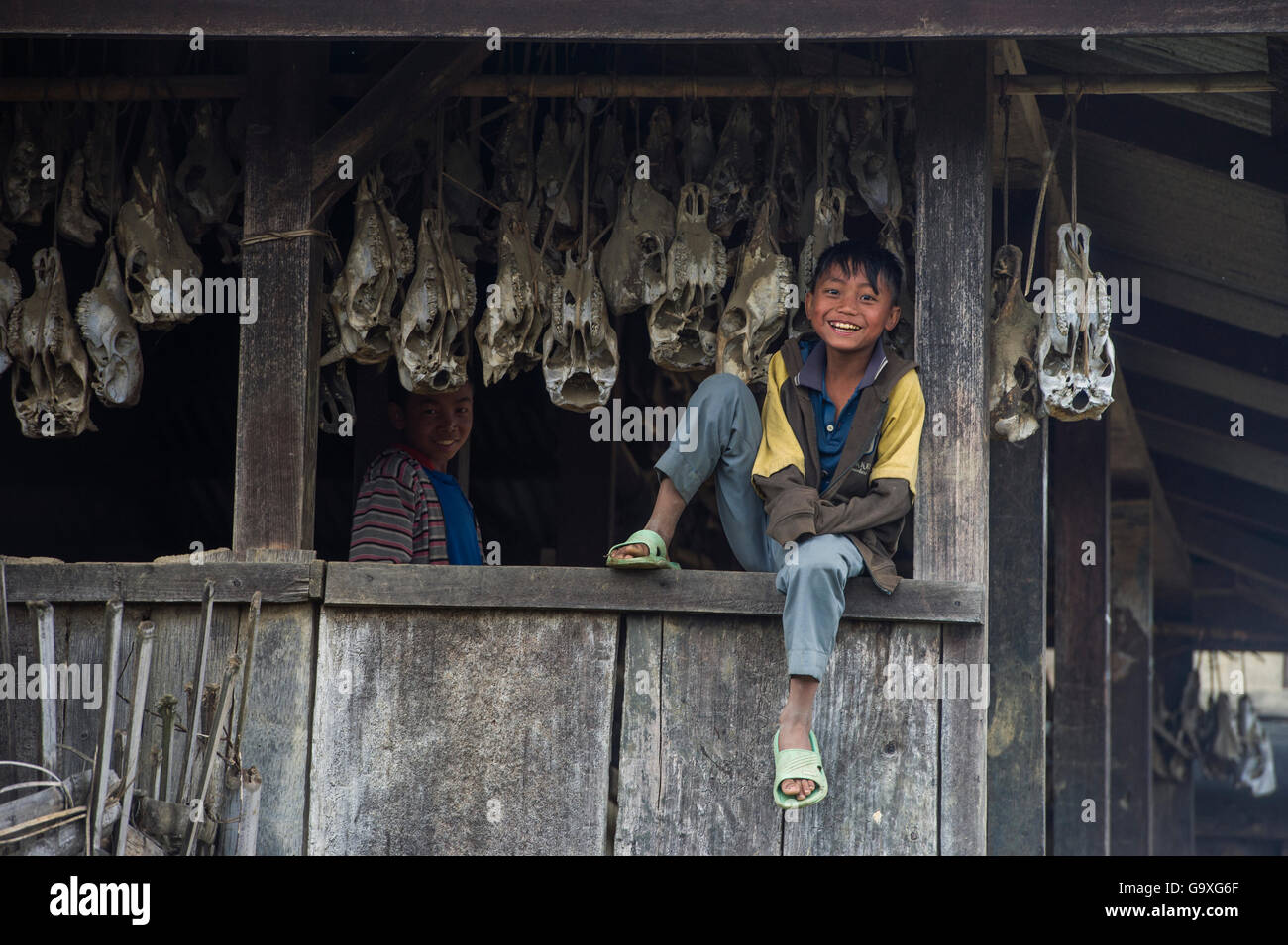 Konyak Nagas Kind berufskranheiten Haus mit Tierschädel, Mon Bezirk, Nagaland, North East India, Oktober 2014. Stockfoto