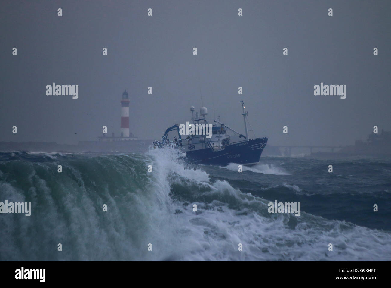 Fischereifahrzeug "Surmount" bei rauem Wetter nähert sich Peterhead Hafen, November 2014.  Alle nicht-redaktionellen Verwendungen müssen gelöscht werden Stockfoto